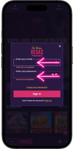 Vegas Now email and password